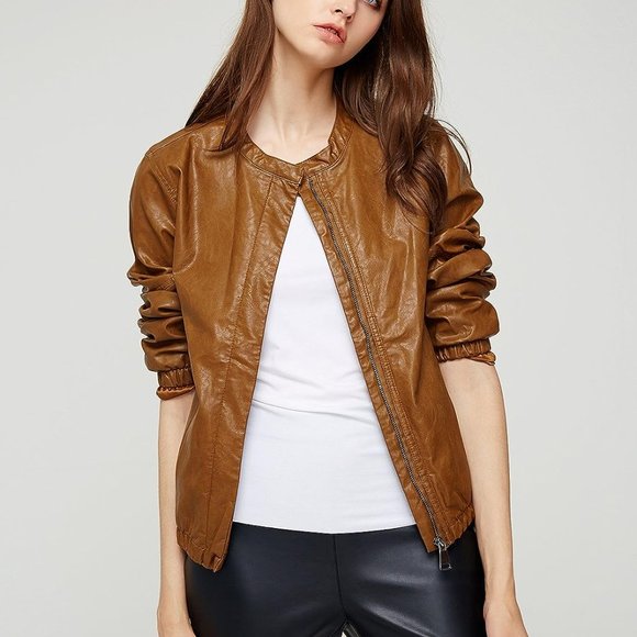 Bomber Jacket faux leather brown camel elasticized sleeves ladies size L - Picture 3 of 12